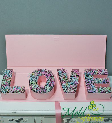 Box "LOVE" with multi-colored gypsophila photo 394x433